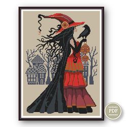 Cross Stitch Pattern Halloween Witch and Crow Sampler digital pdf file 231