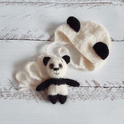Newborn Panda Bear bonnet and stuffed toy. Knitted baby photo prop