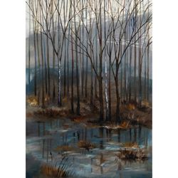 Fall Forest Painting Fog Original Art Smoky Landscape Oil Painting Foggy Forest Art Autumn Wall Art by AlyonArt