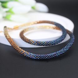 Royal blue beaded choker necklace, seed bead jewellery, gift for wife birthday present, gold choker necklace designs
