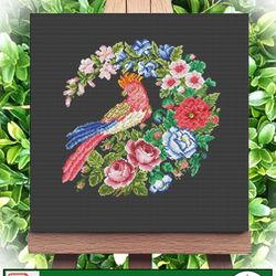 Cross stitch pattern Parrot and flowers - Vintage Cross Stitch Scheme Bird in the garden