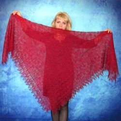Red embroidered Orenburg Russian shawl, Lace wedding stole, Warm bridal cape, Hand knit cover up, Wool wrap,Square scarf