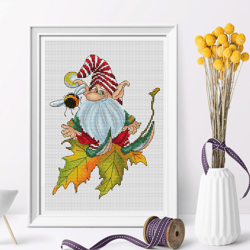 Autumn gnome cross stitch pattern PDF, fall gnome, bee cross stitch, fall cross stitch, maple leaf, funny cross stitch