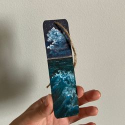 Hand Painted Bookmark, Original Gouache Painting On Wood, Ocean Art, Handmade Wooden Bookmark