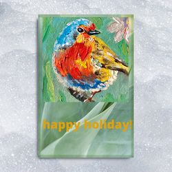 greeting card from my original oil painting, happy holiday postcard, robin bird e-card, instant digital download