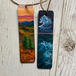 Set Of 2 Hand Painted Bookmarks, Gouache Painting On Wood, Landscape Art,, Book Lover Gift, Small Paintings On Wood