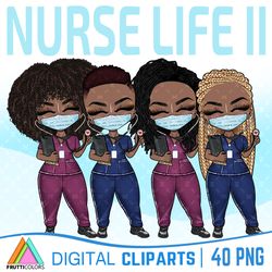 Nurse Life Clipart Bundle - African American Nurse PNG, Fashion Doll, Nurse Clipart, Healthcare Stickers, Scrub Life