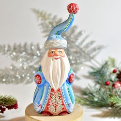 Hand carved Santa Claus, Light Blue Santa figure, Collectible wooden figure, Carved Santa