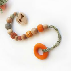 Crochet Pacifier clip Halloween with silicone toy, Baby Shower gift with wooden beads