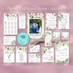 spanish white floral wedding bundle printable pack de boda spanish wedding invitations paquete de boda spanish wedding