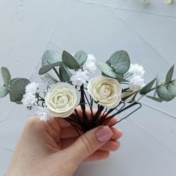 Bridal hair piece eucalyptus leaves wedding ivory roses hair pins Babys breath flower hair clip Rustic wedding headpiece
