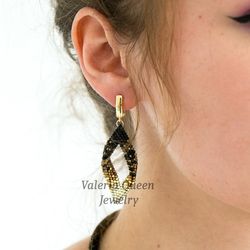 Black beaded classical earrings, gold dangle earrings seed beads, funky bridesmaid earrings, birthday day for wife