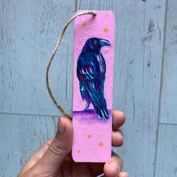 Hand Painted Bookmark, Gouache Painting On Wood, Halloween Art, Spooky Decor, Book Lover Gift, Witchy Decor, Black Raven