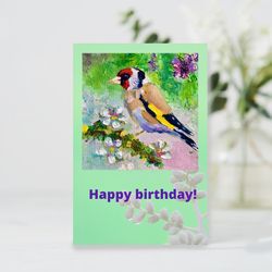 Digital Greeting Card, Art card for Bird, Goldfinch Postcard, Happy Birthday E-Card