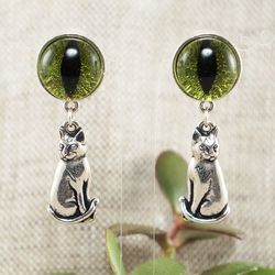 Cat Eye Earrings Silver Cat Earrings Evil Eye Olive Green Cat Charm Dangle Drop Earrings Cat Lover Gift Jewelry 6556