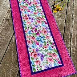 Fuchsia SPRING Table Runner, Floral Print Table Topper, QUILTED Table Topper With Summer Flowers, Summer Decor
