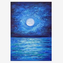 Seascape painting Moonlit night art original oil painting Full moon Night ocean artwork 12 by 8.3 inch by Juliya JC