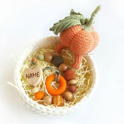 Halloween baby gift basket, Personalized baby rattle Pumpkin, Crochet pacifier clip