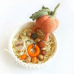 halloween baby gift basket, personalized baby rattle pumpkin, crochet pacifier clip