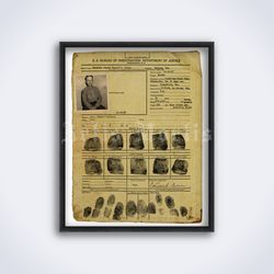Ed Gein fingerprints police card with photo, crime record printable art, print, poster (Digital Download)