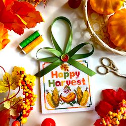 Cross stitch pattern "Happy Harvest" Thanksgiving Day ornament  Fall cross stitch chart Instant download PDF