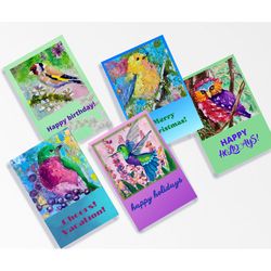 Greeting cards with birds, set of cards from my original paintings, funny birds on a printable card, digital download