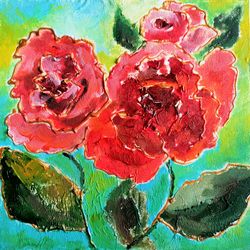 Rose Painting Floral Artwork Original Art Oil Painting Small Flowers Painting Red Roses Art Botanical Artwork 5" by 5"