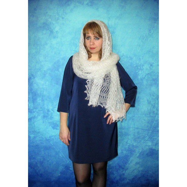 White wool scarf, Hand knit wrap, Lace wedding cover up, Warm bridal cape, Goat down Russian Orenburg shawl 6.JPG