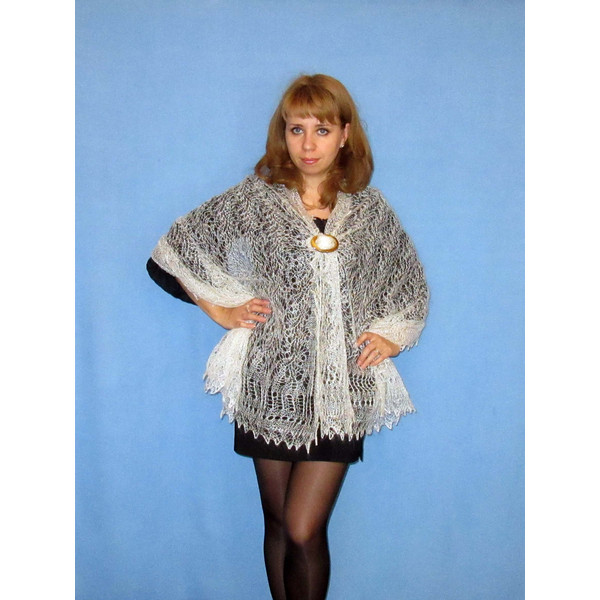 White wool scarf, Hand knit wrap, Lace wedding cover up, Warm bridal cape, Goat down Russian Orenburg shawl 3.jpg