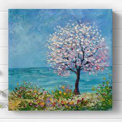 Tree Painting Original Art Seascape Oil Painting Cherry Blossom art Beach artwork coastal wall art 12 by 12 inch