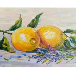 Lemons  Lavender Oil Painting Lemons Citrus Impasto Fruit Painting Flower Canvas Artwork by Anna Antonova