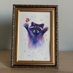 Original Framed Raccoon Painting Watercolor, Original Small Art