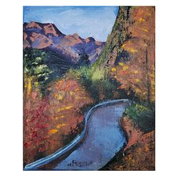 Mountain Road Painting Autumn Landscape Mountains Original Artwork Small Oil painting Woll Art 10" by 8" by KArtYulia