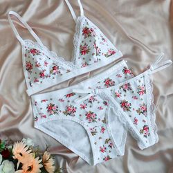 Organic cotton lingerie set 3pc, White Floral Women's Underwear by Lola Lingerie Brand, Luxury Handmade to Order