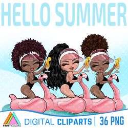 Pool Party Clipart Bundle - Hello Summer Clipart, African American, Vacation Mode Clipart, Summer Girl, Cute Afro PNG