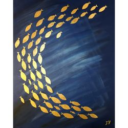goldfish painting gold leaf original art blue gold artwork gold fish art by artroom22