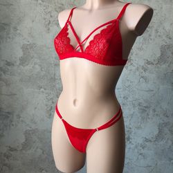 Women's Mesh Lingerie Set, See Through Red Sexy Underwear, Handmade to order by Lola Lingerie