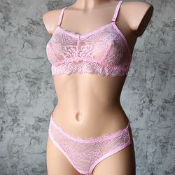 Women's Lingerie Set, See Through Pink Sexy  Bralette and Brazilian Panties ,Handmade to order by Lola Lingerie