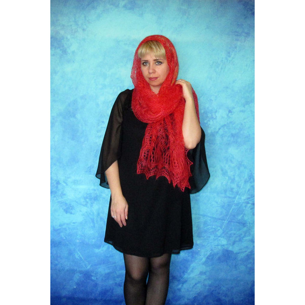 Red wool scarf, Hand knit wrap, Lace wedding shawl, Warm bridal cape, Goat down cover up, Russian Orenburg shawl, Handmade stole, Kerchief, Gift for a woman 6.J