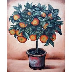 Orange Painting Potted Tree Original Artwork Citrus Painting Fruit Art Gold Foil Wall Art Citrus Tree Oil On Canvas