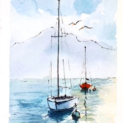 Sailboat Painting Nautical ACEO Original Art Seascape Watercolor Sunrise Artwork Small Painting ACEO Watercolor