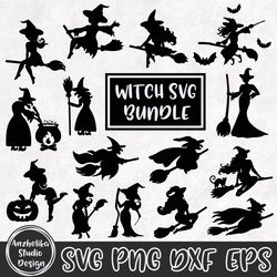 Witch Silhouette SVG Bundle, Halloween Set, Flying Witch SVG, Witch Broom SVG, Fall Digital Designs SVG PNG DXF EPS File