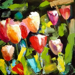 Tulip Painting Floral Original Art Impasto Oil Painting Tulips Flowers Artwork Flowers Oil Painting 12" by 12"