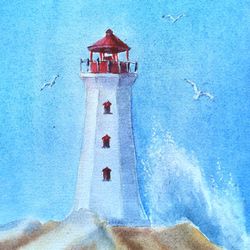 Seescape  Lighthouse  Painting Watercolor Original Artwork See Wave  Painting  by Nadia Hope