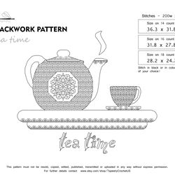 BLACKWORK pattern - Tea time - Cross Stitch Pattern - Embroidery Sampler - Carpet Cross Stitch - Instant Download PDF