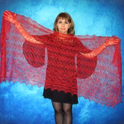 Hand knit red scarf, Warm Russian Orenburg shawl, Wool wrap, Goat down stole, Bridal cover up, Kerchief, Headscarf, Cape