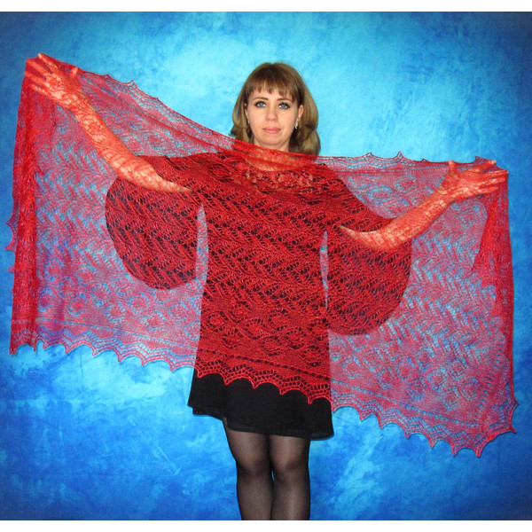 Red wool scarf, Hand knit wrap, Lace wedding shawl, Warm bridal cape, Goat down cover up, Russian Orenburg shawl, Handmade stole, Kerchief, Gift for a woman.JPG