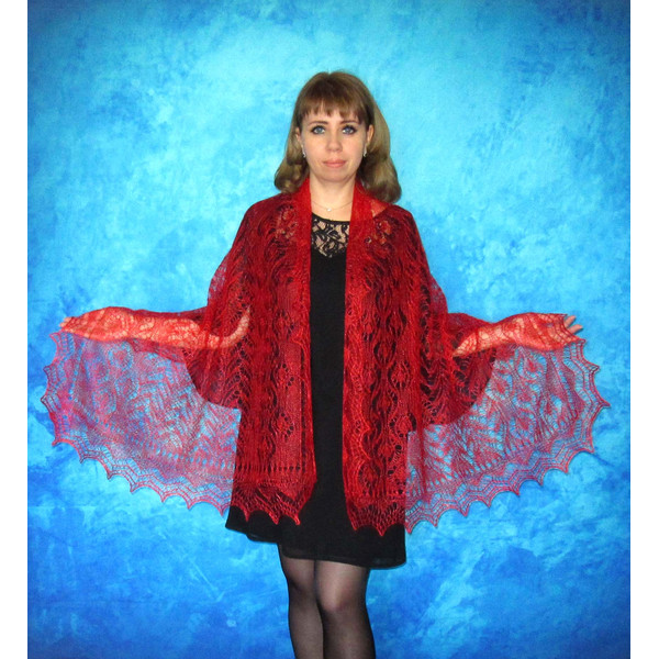 Red wool scarf, Hand knit wrap, Lace wedding shawl, Warm bridal cape, Goat down cover up, Russian Orenburg shawl, Handmade stole, Kerchief, Gift for a woman 2.J