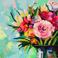 Peony  Flowers Canvas Painting Floral Original Art Impasto Painting Roses Modern Painting Mint