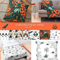 Halloween digital papers, 13 vector seamless patterns with pumpkins, skeletons, witches, vampires, bats, printable paper